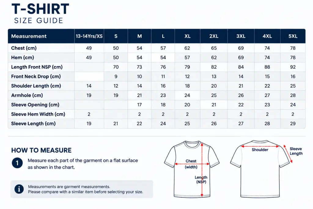 Sizing guide for t shirt